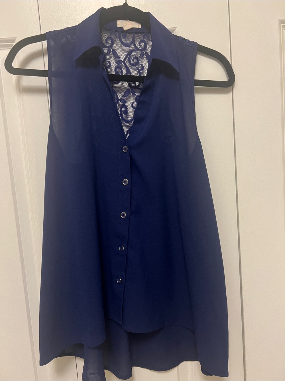 Pearl Navy Sleeveless Button-Front Blouse with Lace Back